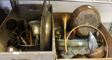 A crate and a box containing a good selection of vintage metal ware, copper and brass etc