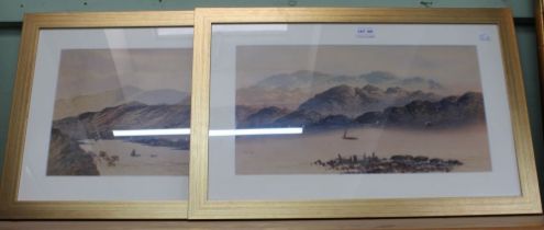 E Earp, a pair of watercolour paintings, Lake and mountain scenes, with sail craft, both signed, 26c