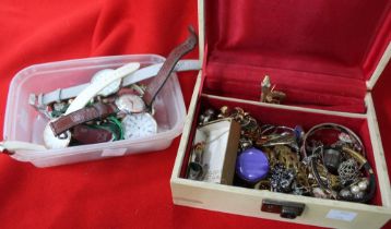 A jewellery box with costume jewellery contents and a box of watches etc