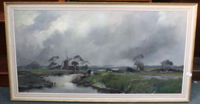 A large oil on canvass Dutch windmill and landscape after Lutz