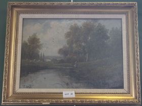 E Horton, "Summer Fishing" extensive landscape, oil painting on canvas, signed, 25cm x 34cm, gilt fr