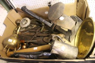 A box containing a wide selection of metal wares, cobblers lasts etc