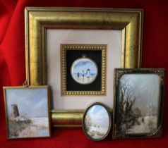 A miniature watercolour on porcelain panel, figures on a beach, 4cm diameter, together with three mi