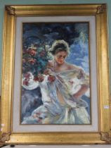 A large oil on canvas of a lady with flowers indistinctly signed in gilt frame