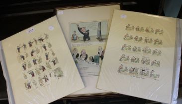 Three H M Bateman cartoons, one framed two not mounted