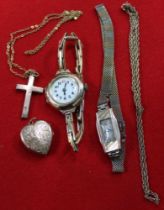 A 9ct gold cross pendant, two chains, two gold cased ladies watches with plated straps and a heart s