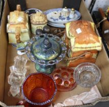 A box assortment of glass and china wares, includes pottery cottage ware, teapot and a biscuit barre