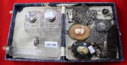 A selection of silver jewellery, a nurses buckle, silver mounted table brush, two oval cam