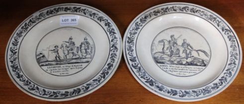 A pair of French Delftware plates, black printed scenes of Napoleon's battle at Valsette dated 25th