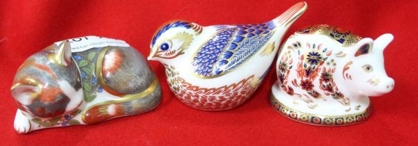 Three Royal Crown Derby paperweights, includes "Catnip Kitten" a pig and a bird (3)