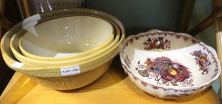 Three traditional cooks mixing bowls with another example