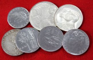 Seven silver coins of Italy and Greece