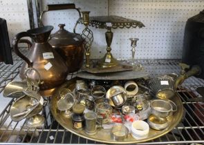 A mixed lot of copper, brass and plate to include kettle trivet and napkin rings etc