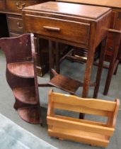 Oak lamp table a magazine rack and a corner shelf unit