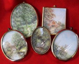A collection of five miniature watercolour paintings, rural scenes, some with figures, brass framed,