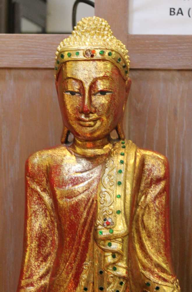 A red lacquered wooden carved figure of a standing Buddha 82 cm high - Image 2 of 2