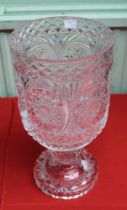 A "Tyrone" Irish cut crystal glass vase, of cylindrical form, raised on a facet stem and circular pl