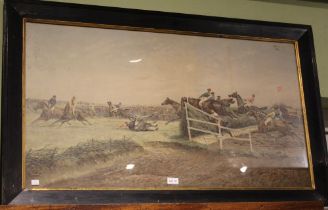 A large 19th century print of a steeple chase in contemporary frame