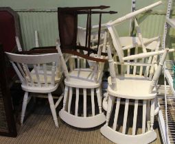 A set of seven white painted farmhouse style kitchen chairs, together with a single chair
