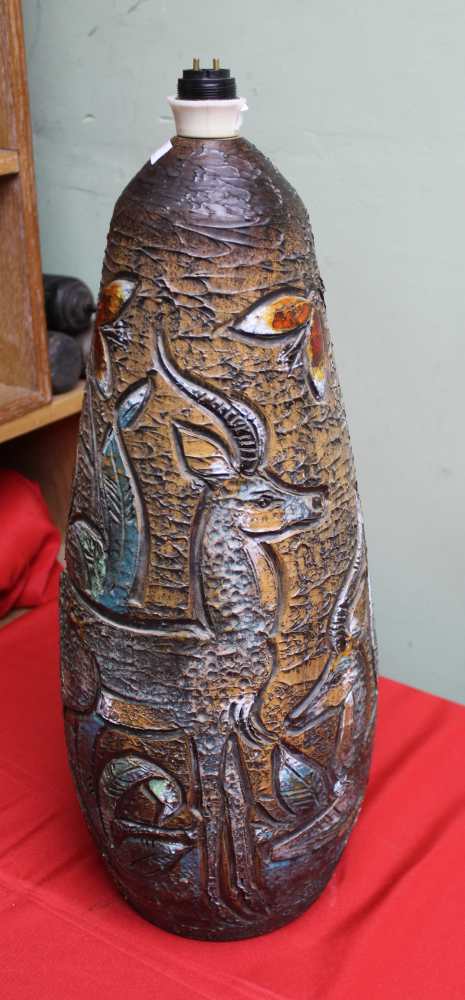 A Tilgmans of Sweden stoneware lamp base, incised antelope decoration, with glazed colour detail, st - Image 2 of 3