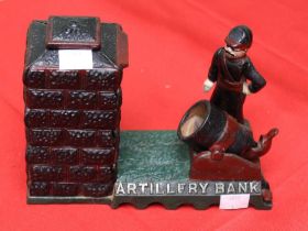 A cast metal "Artillery Bank" money box, automated action