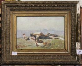 20th century European School, "Fisher Folk" beached boats, figures on the shore mending nets, oil pa