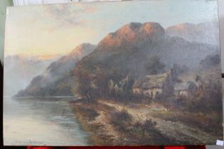 William Langley (1852-1922) "Loch and mountain scene" with cottages on the shore, oil painting on ca
