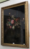 20th century European School, still-life, vase of Summer flowers, reverse painting on glass, noir gr