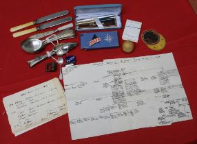 A collection of assorted items, includes an early brass combination lock, an "Owzthat" game in tin,