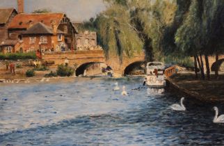 Giuliano Ponzi "River Avon, Stratford upon Avon", includes "Cox's Yard" and Tramway bridge, oil pain