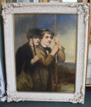 An Edwardian British School oil painting on canvas "Fishing companions" two young men in a landscape