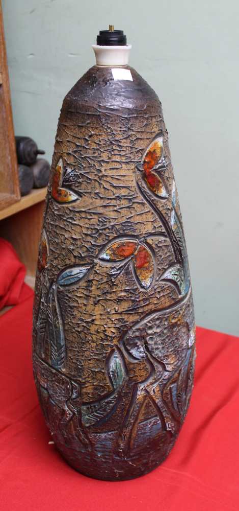 A Tilgmans of Sweden stoneware lamp base, incised antelope decoration, with glazed colour detail, st