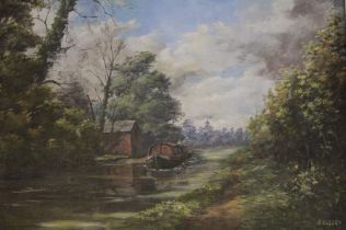 Oil on board of a canal scene with a narrowboat signed B.Ellery in gilt frame