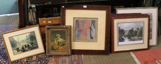 A selection of pictures and prints to include an unusual framed glass panel (7)