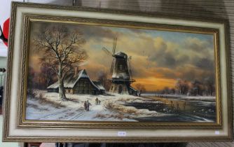 Horst Baumgart, "Dutch winter landscape" with Windmill and figures, oil painting on canvas, signed H