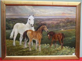 J Williamson, "Buttercup Meadow" horses in a landscape, oil painting on canvas, signed dated and ins