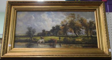 An original oil of canvas of a river scene with cattle drinking signed F.Richardson in gilt frame