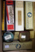 A box containing various vintage pencils in original packaging, old tins etc
