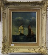 W Frauenfelder "Marine Scene" with sail boats, oil painting on panel, signed, 24cm x 19cm, ornate fr