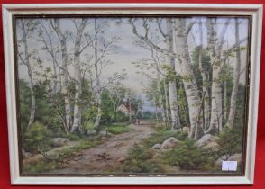 W Drew, "Woodland track" with horse drawn cart and distant cottage, watercolour painting, signed, 24