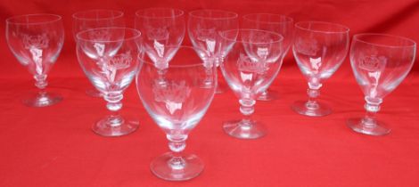 A set of ten Georgian design wine goblets, each engraved with a crest