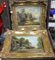 Two oil on board Rural scenes in fancy gilt frames