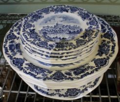 Six Wedgwood blue & white pattern 'Royal Homes of Britain' platters, together with six dining plates