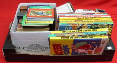 A quantity of books includes childrens annuals, also Rev Awdry Railway books, postcards etc