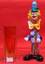 A Murano glass clown, 23cm high, together with a hexagonal glass vase, 14cm high (2)