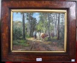20th century European School, "Drovers Way" cattle and figure in a woodland, oil painting on board,