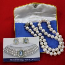 A cultured pearl single strand necklace, strand 43cm long, in a "Harriet Whinney Pearls Ltd" bag