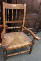 19th Century Low rush seated spindle chair together with an Edwardian bedroom chair