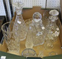 A box containing a good selection of cut glass to include two decanters with Coalport labels