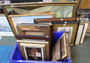 A crate and a selection of pictures, prints, frames etc (Bigwood crate)
